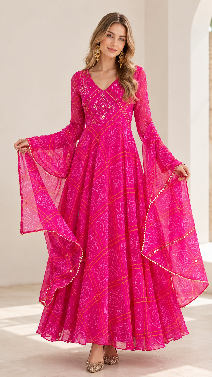 Front view of model wearing hot pink printed bell sleeve maxi dress