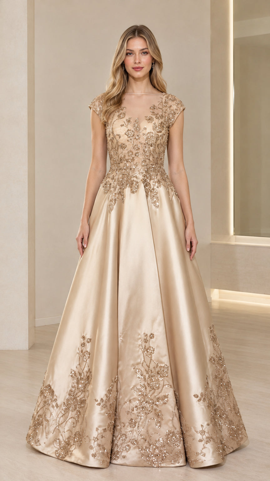 Front view of Champagne Gold embroidered satin A-line evening gown