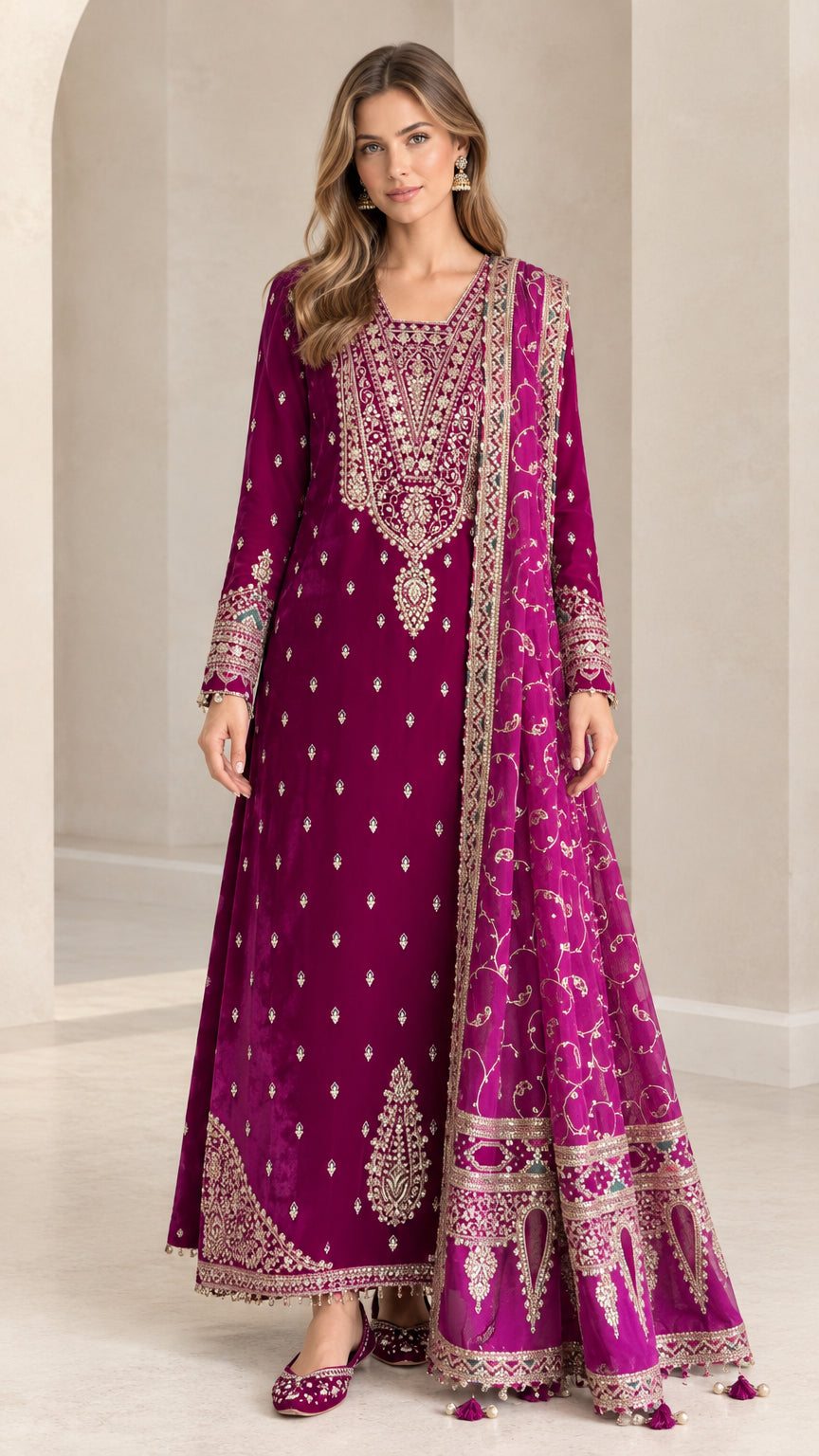 Front full view of magenta embroidered Anarkali maxi gown with matching dupatta scarf