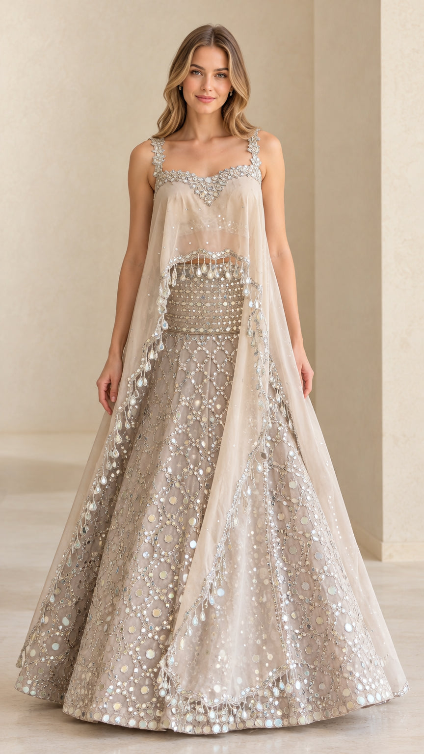 Full front view of champagne sequined cape overlay evening gown with embellished maxi skirt
