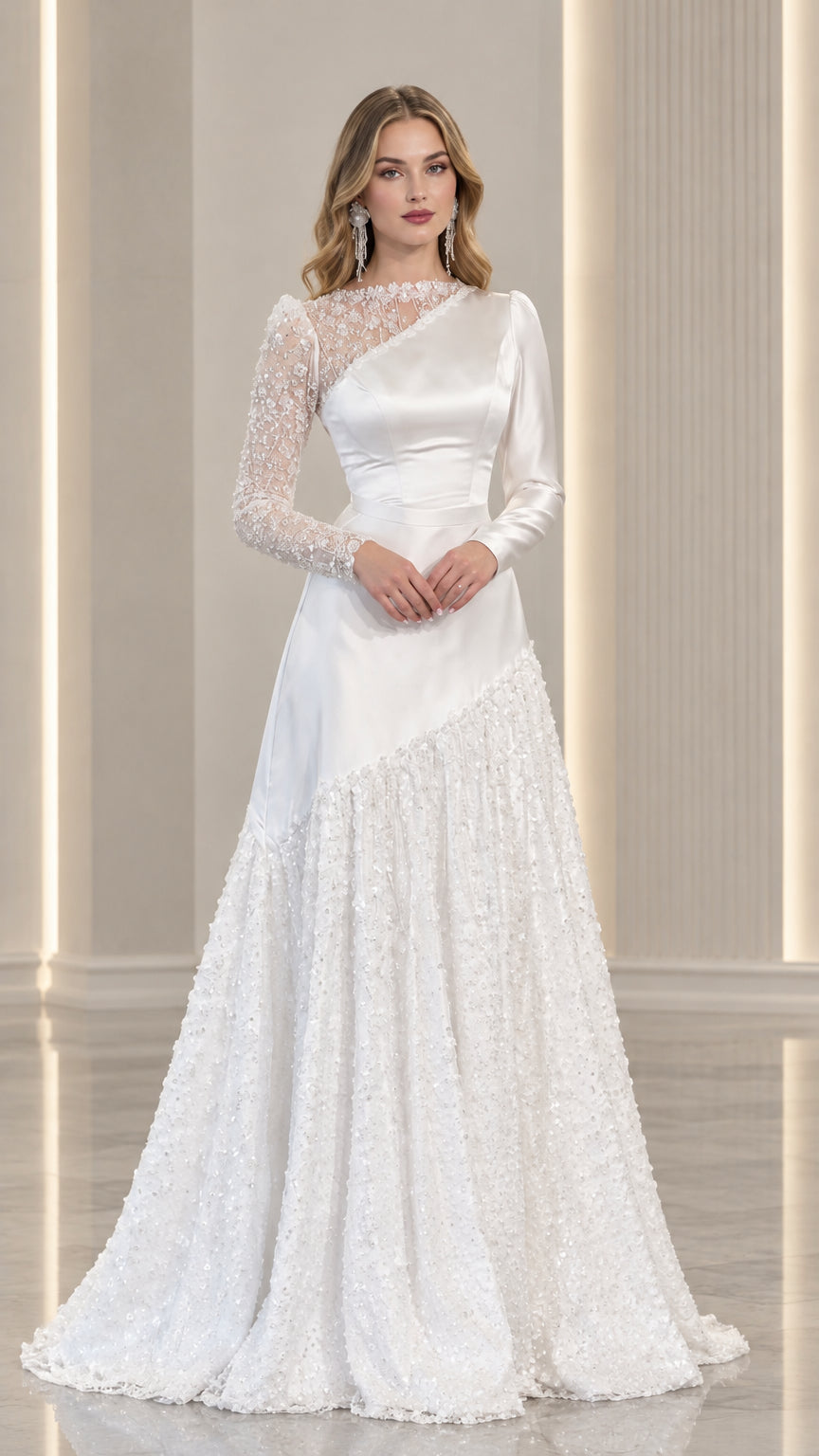 Front full view of woman wearing white asymmetrical satin and lace evening gown