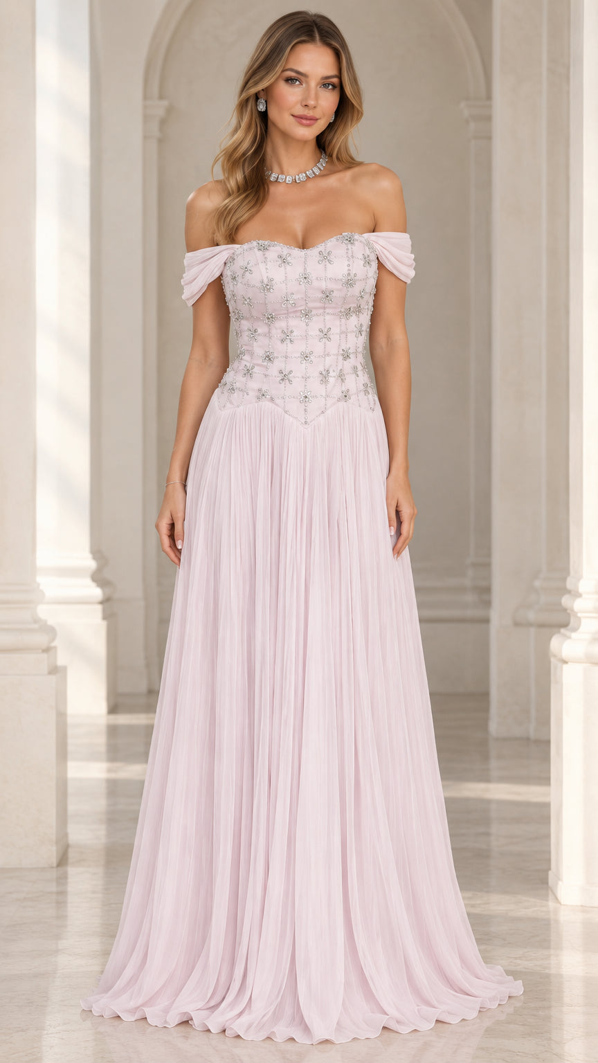 Front view of woman wearing blush pink off-the-shoulder beaded evening gown