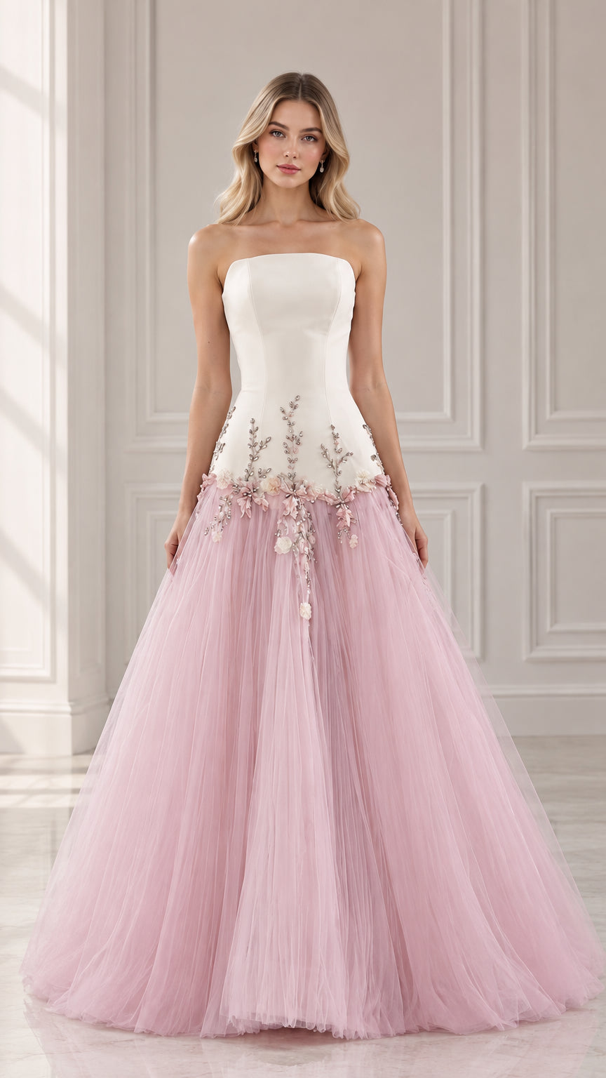 Front view of strapless white and pink tulle ball gown with 3D floral appliqués