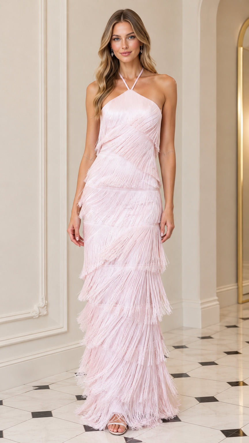 Front view of model wearing Blush Pink tiered fringe halter maxi dress