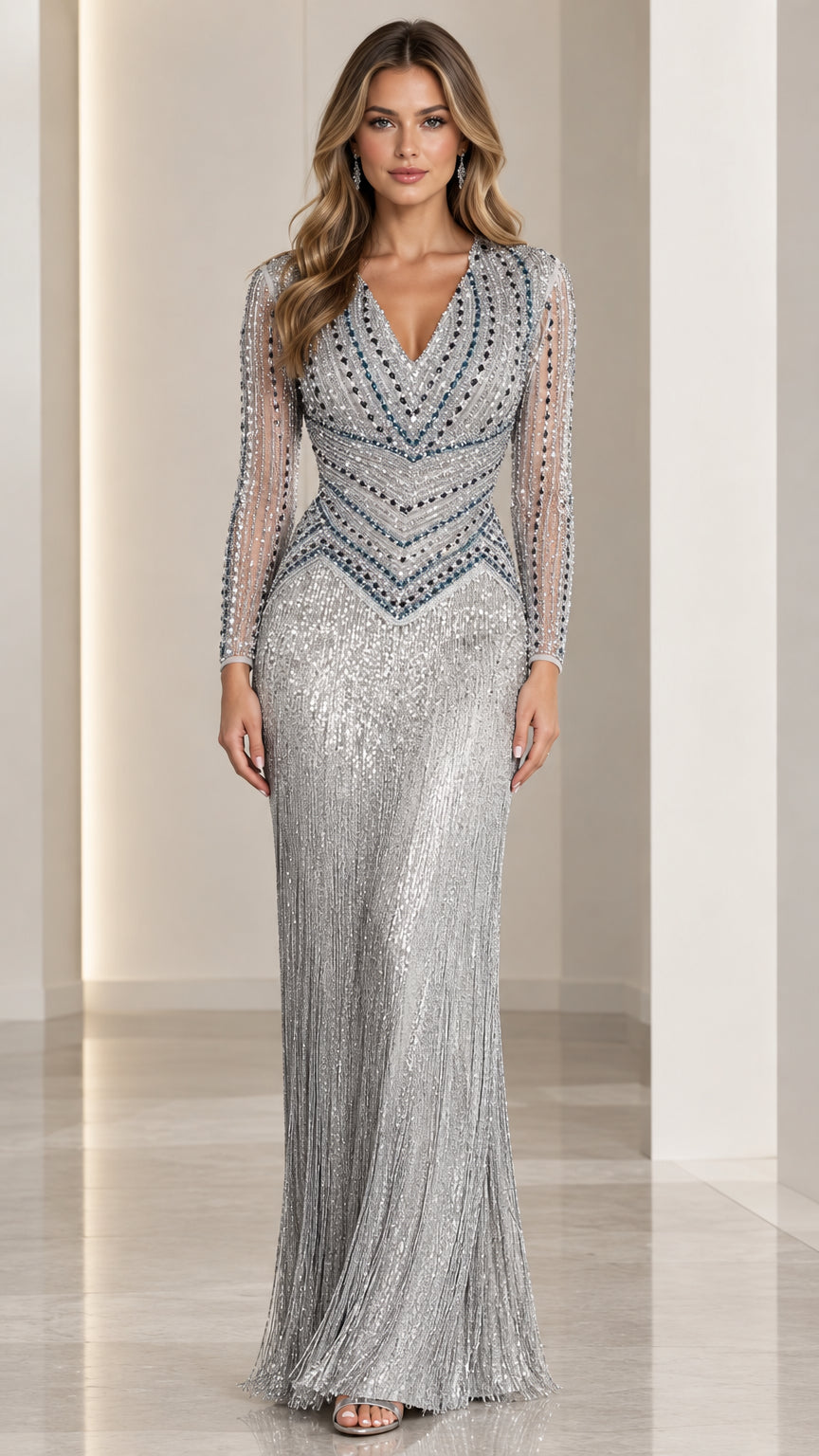 Front view of model wearing floor-length silver sequin evening gown with beaded V-neck