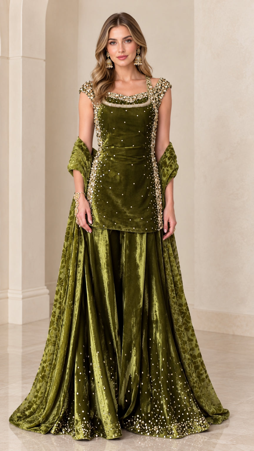 Front full view of woman wearing olive green embellished velvet tunic and skirt set
