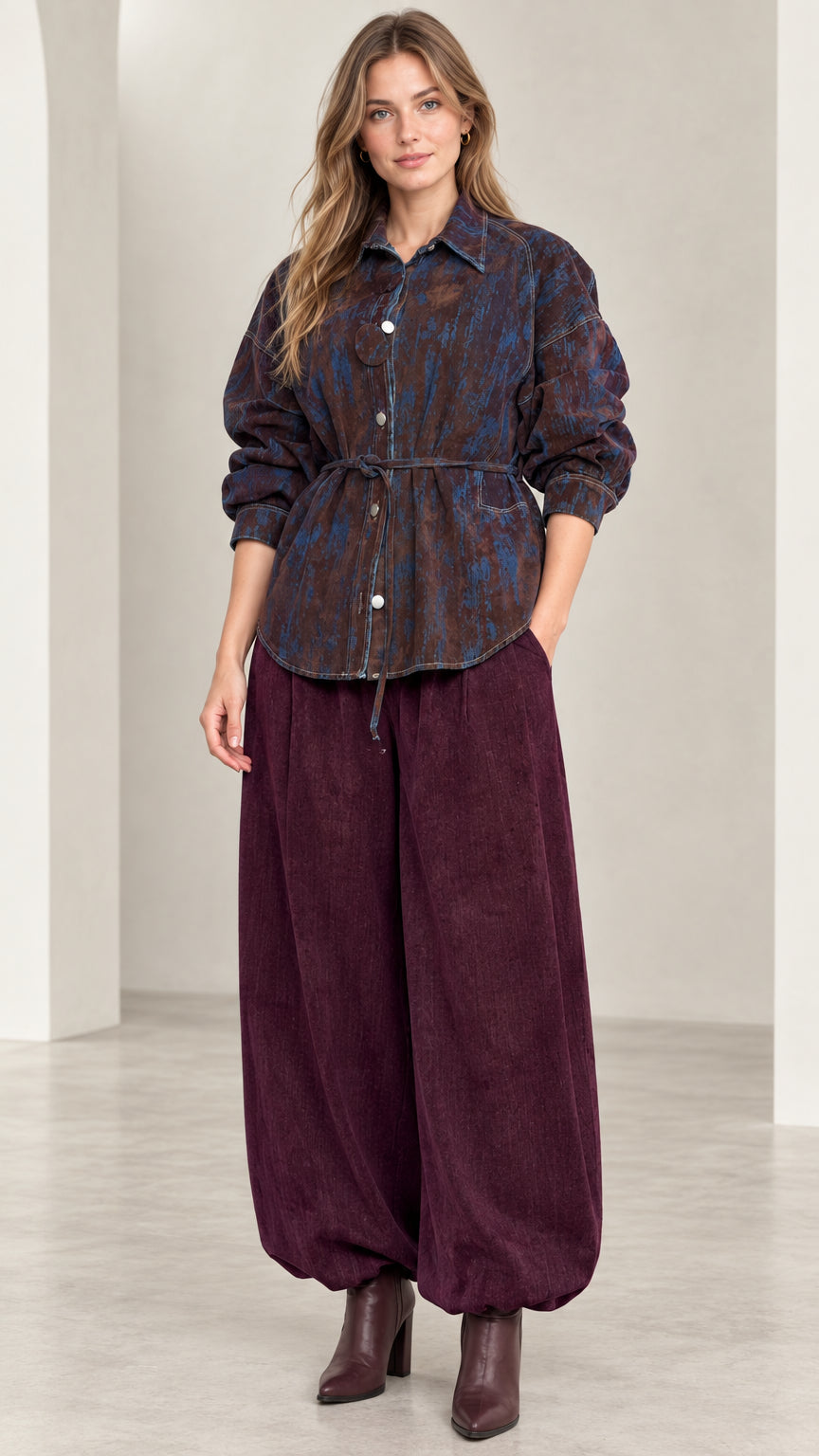 Front view of model wearing Coffee Blue abstract print tie-waist shirt jacket