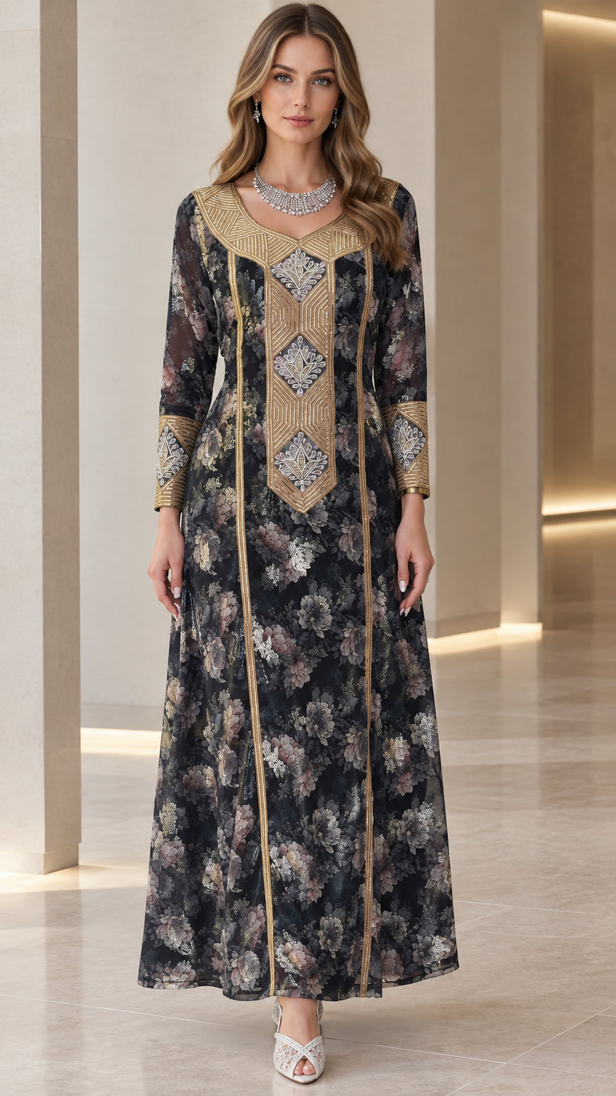 Full front view of model wearing black floral long sleeve maxi dress with gold embroidered bodice