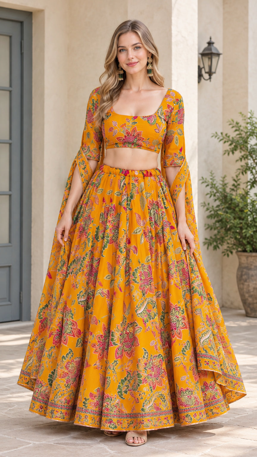 Front view of model wearing Mustard Yellow floral crop top and flared maxi skirt set with slit cape sleeves