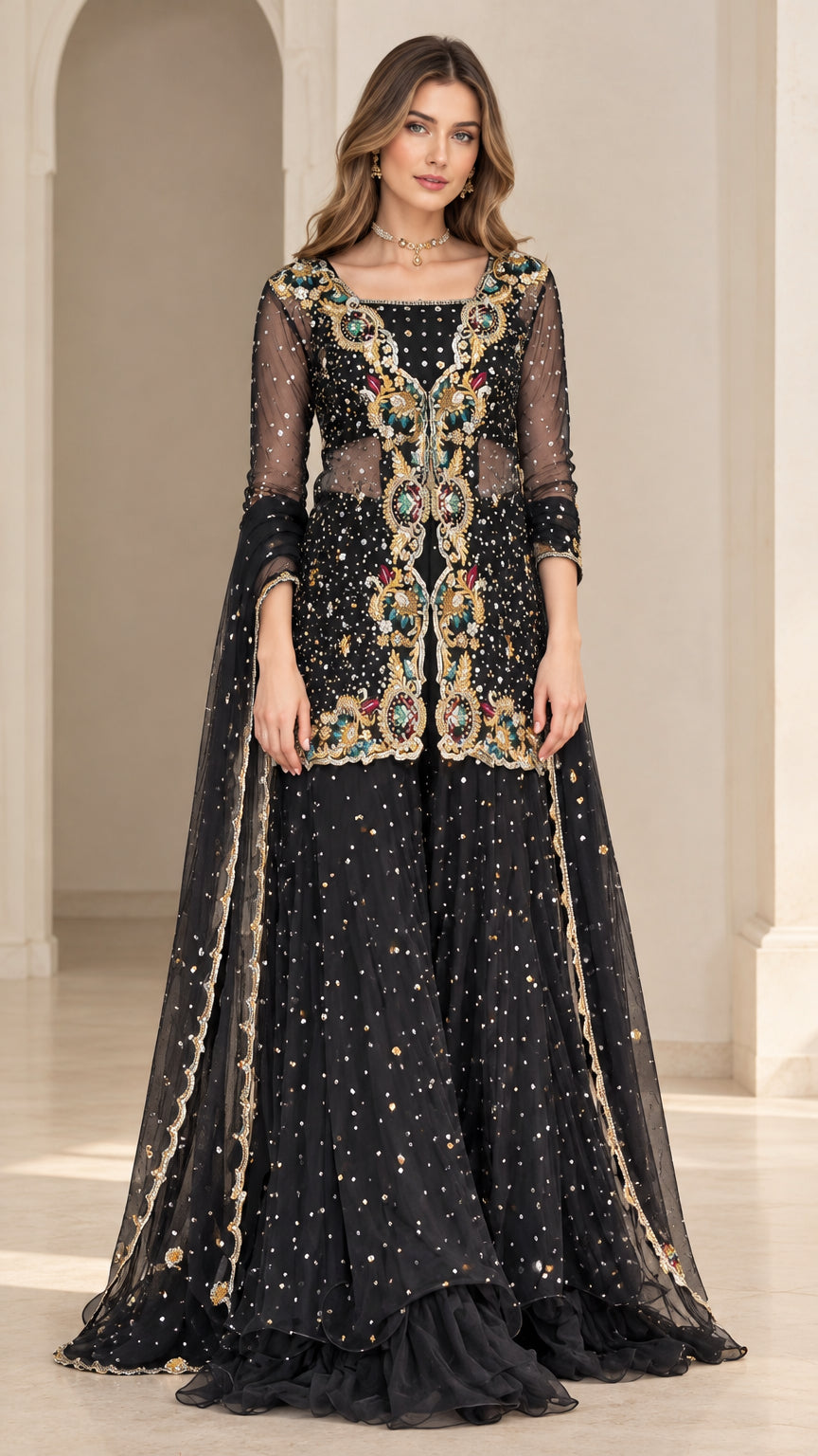 Full front view of black embroidered sequin tunic and sharara pant set with dupatta