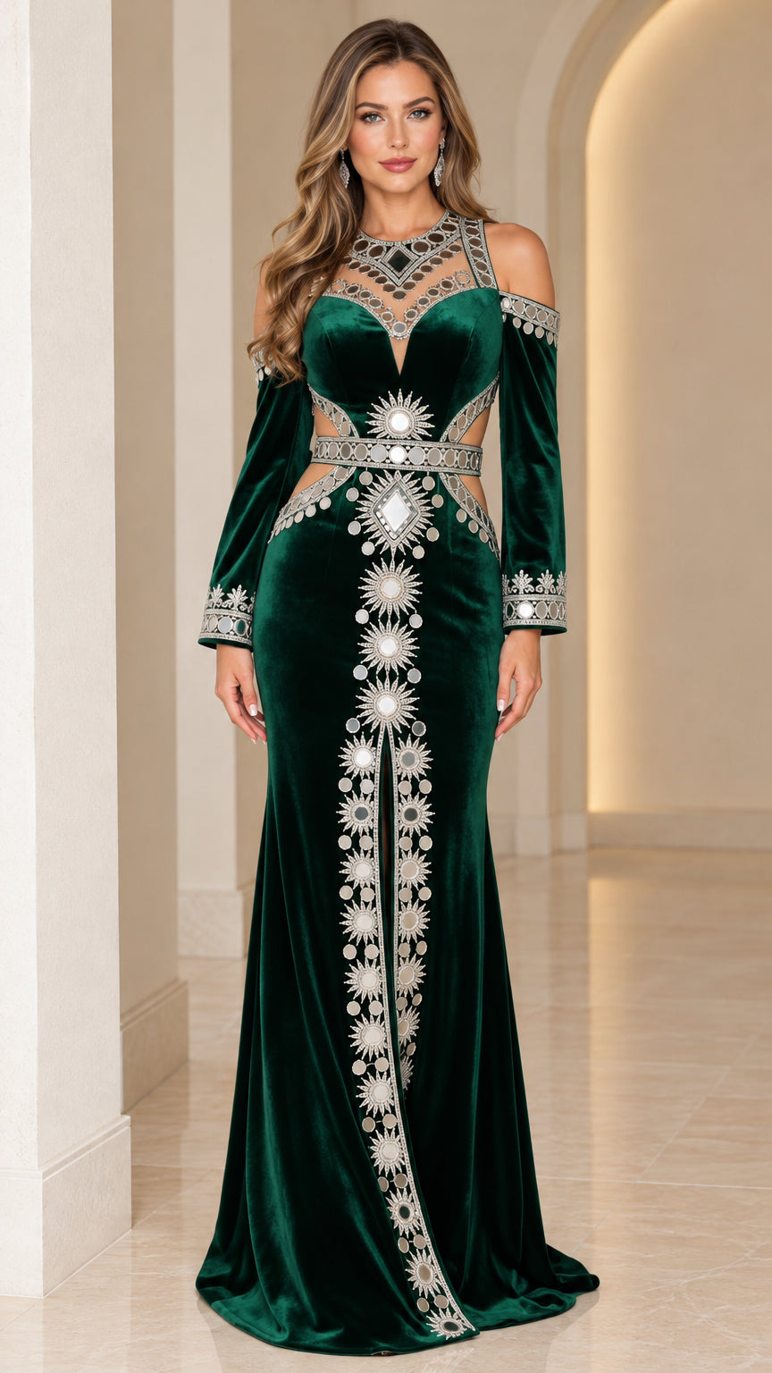 Front view of model wearing Emerald Green embellished velvet cold-shoulder evening gown with waist cutouts