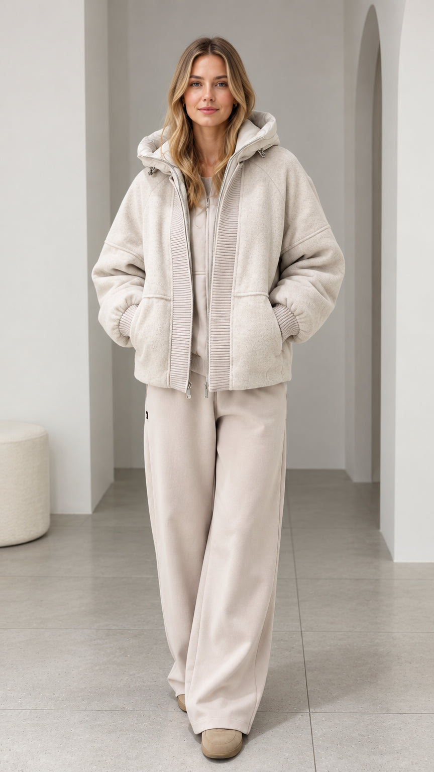 Front full view of model wearing cream textured fleece hooded zip-up jacket with matching wide-leg trousers