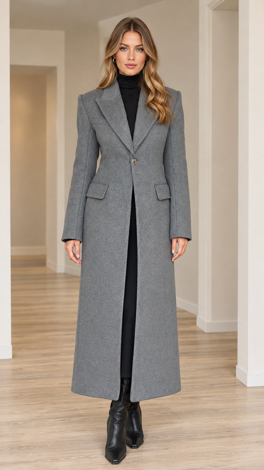 Front full-length view of model wearing grey tailored single-button maxi coat