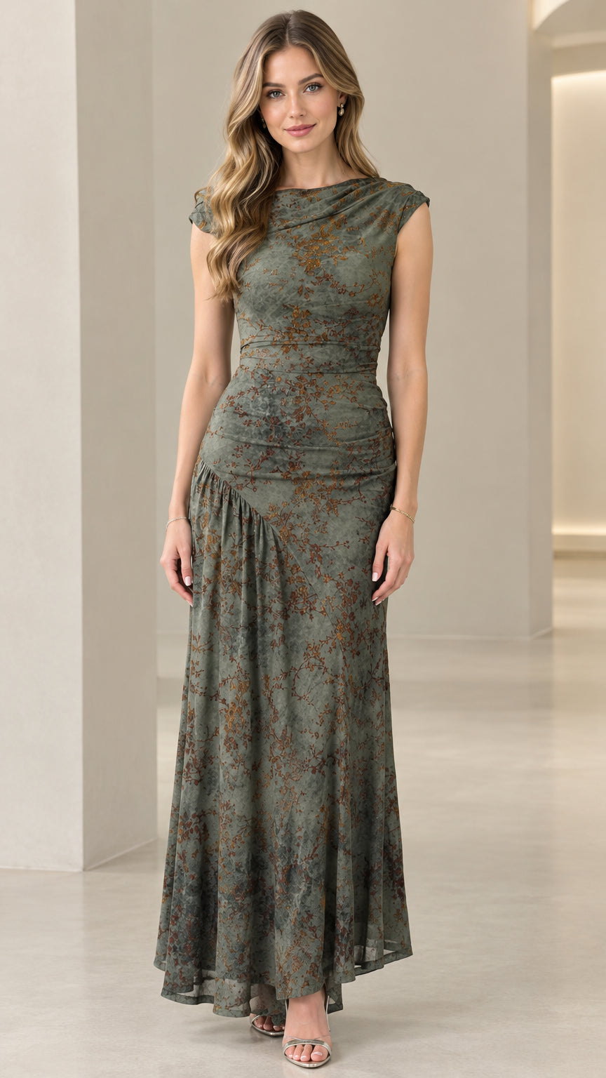 Front view of model wearing olive green vintage floral draped maxi dress
