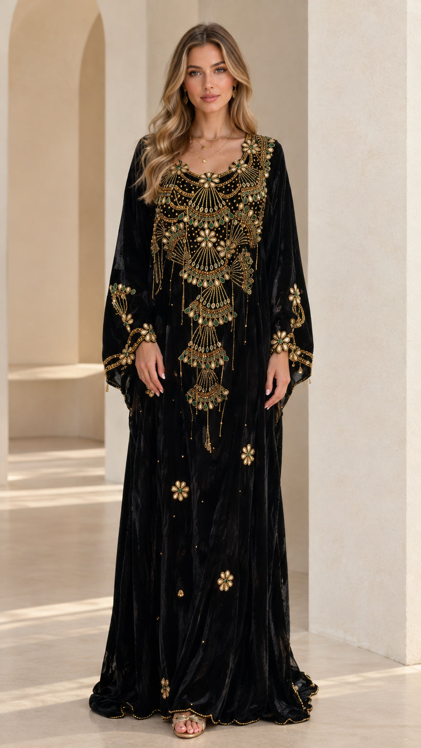 Front full view of woman wearing Black embellished velvet kaftan maxi dress with gold beading