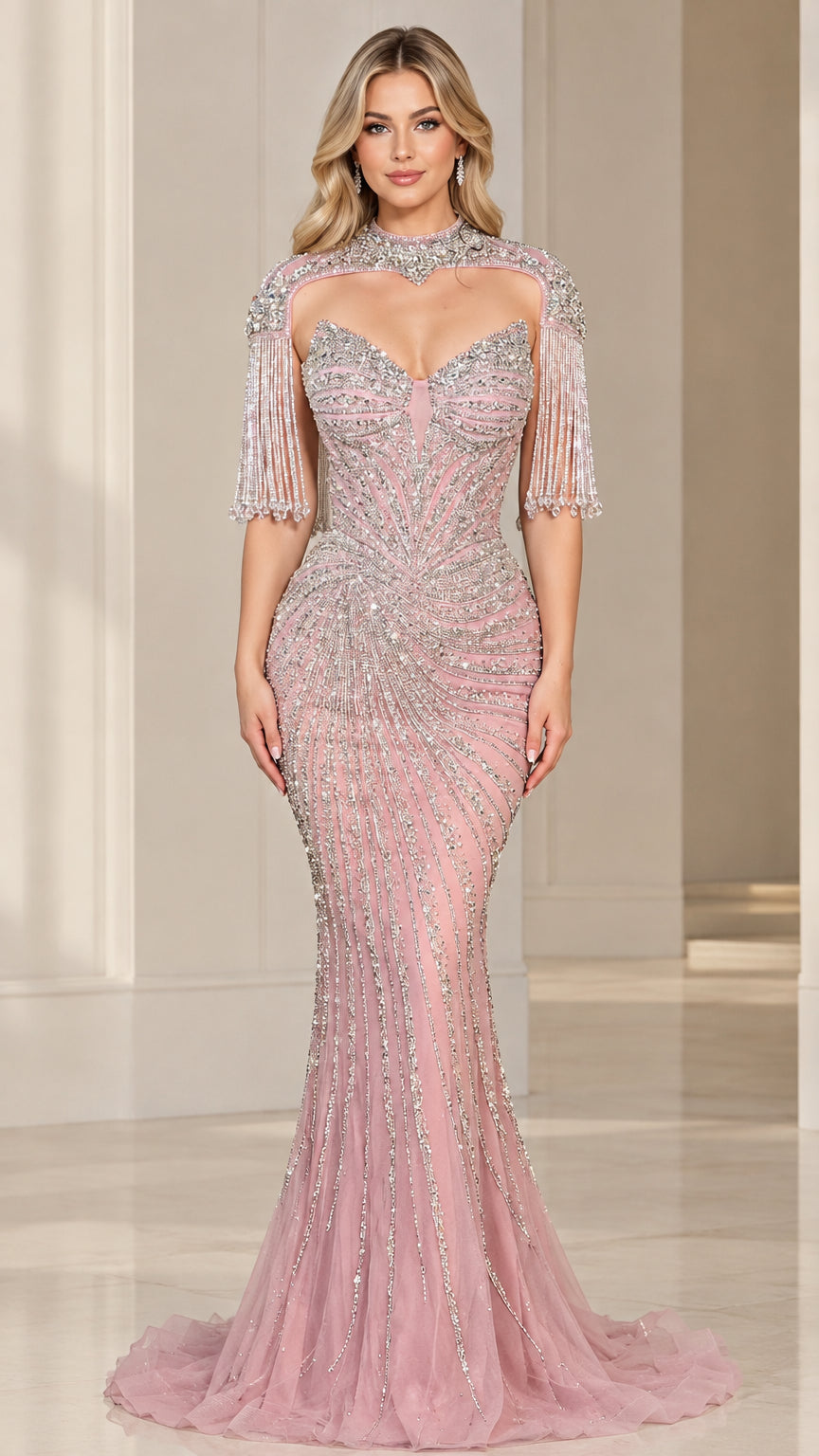 Front view of dusty pink beaded illusion high neck mermaid evening gown with fringe sleeves