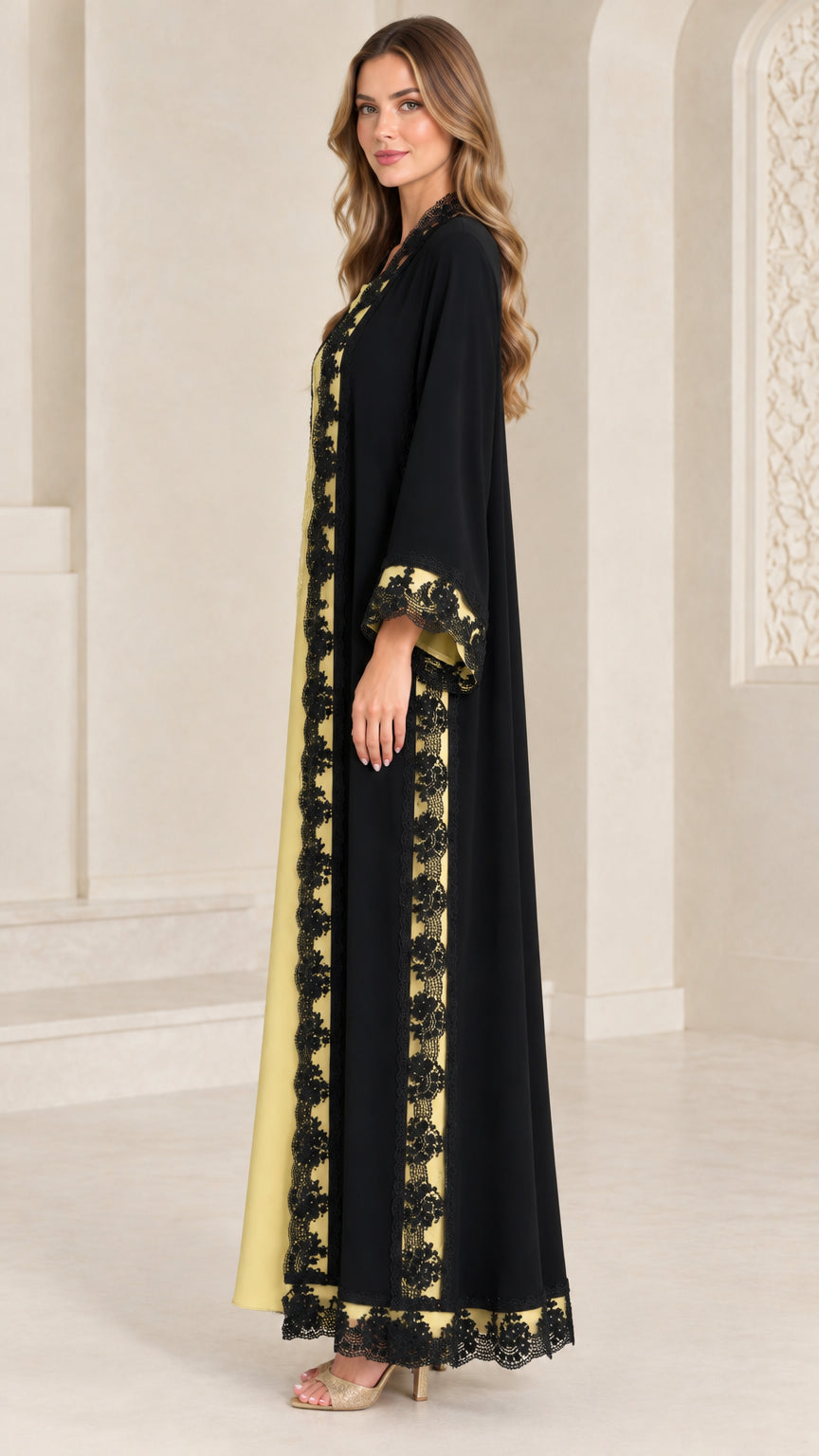 Black open-front abaya dress set with lace border detailing - side angle view