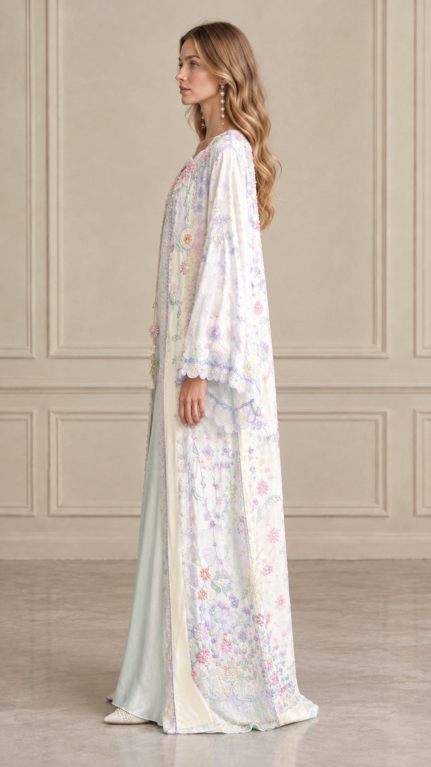 Mint Green floral embroidered maxi robe and dress side view