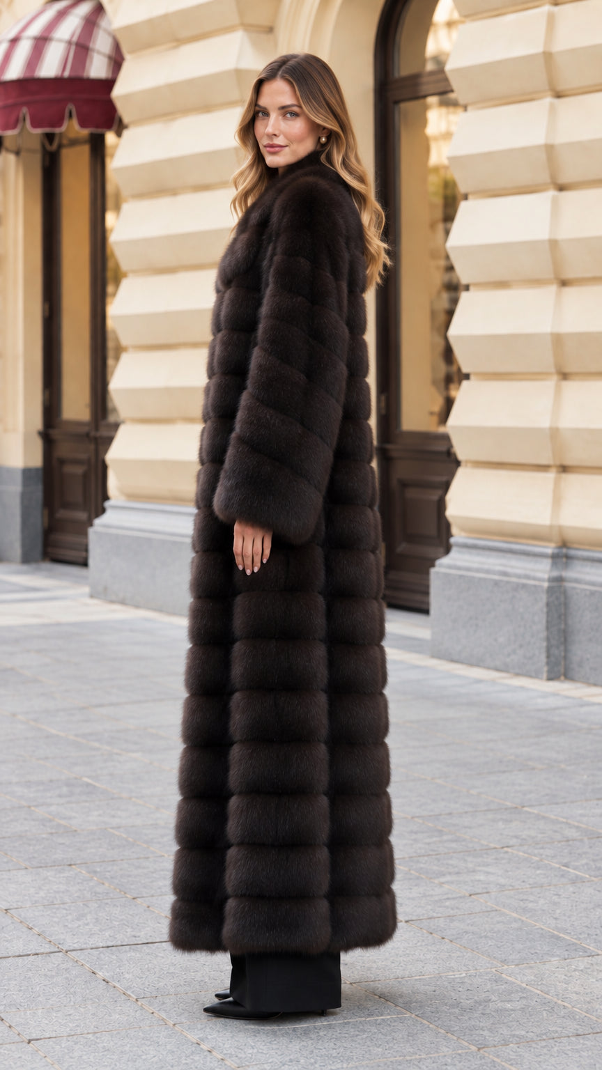 Side profile of woman in dark brown full-length faux fur coat