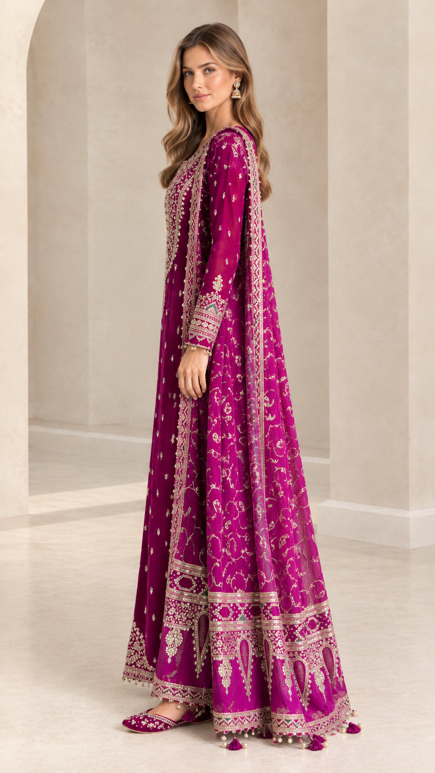 Side profile view of magenta embroidered long formal gown with flared hem