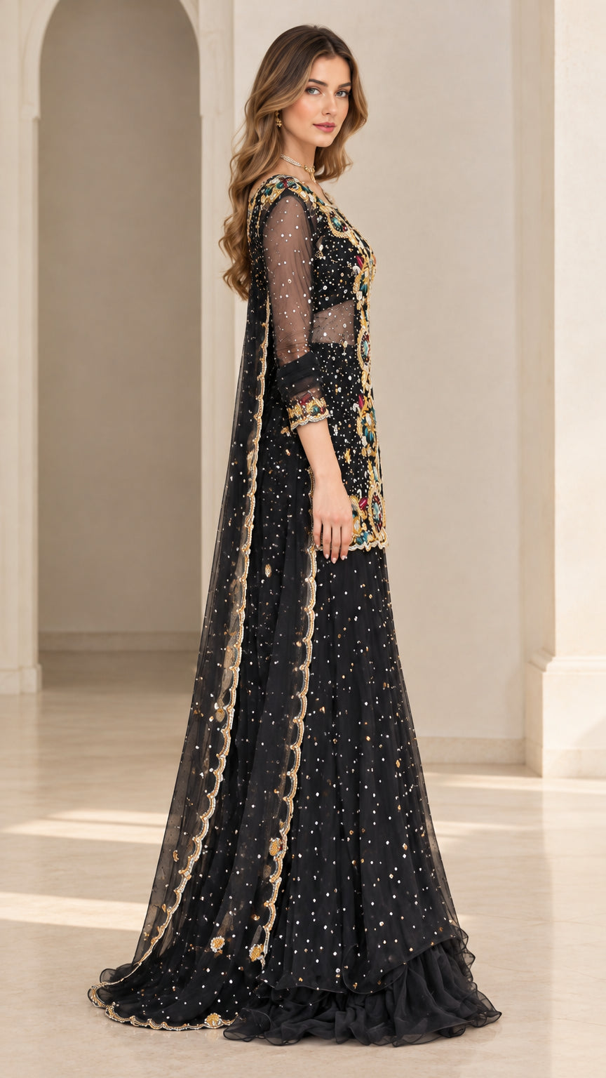 Side angle view of black embroidered evening sharara suit