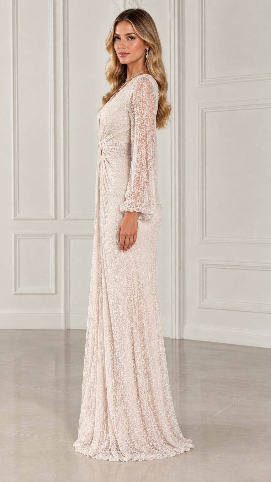 Side profile view of Champagne long sleeve lace maxi dress