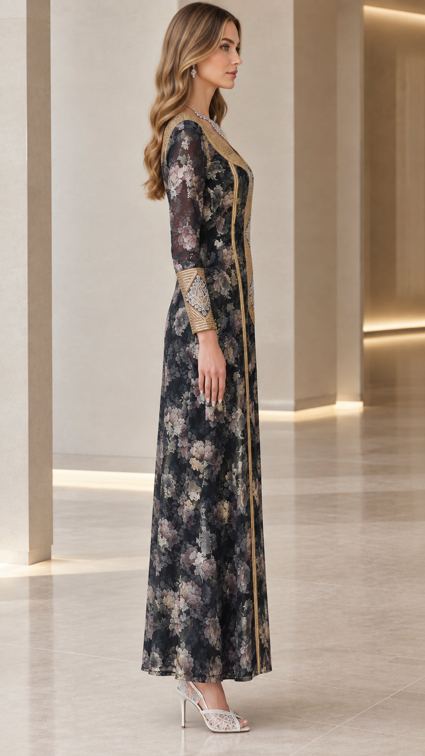 Side profile view of model showcasing drape of black floral maxi dress