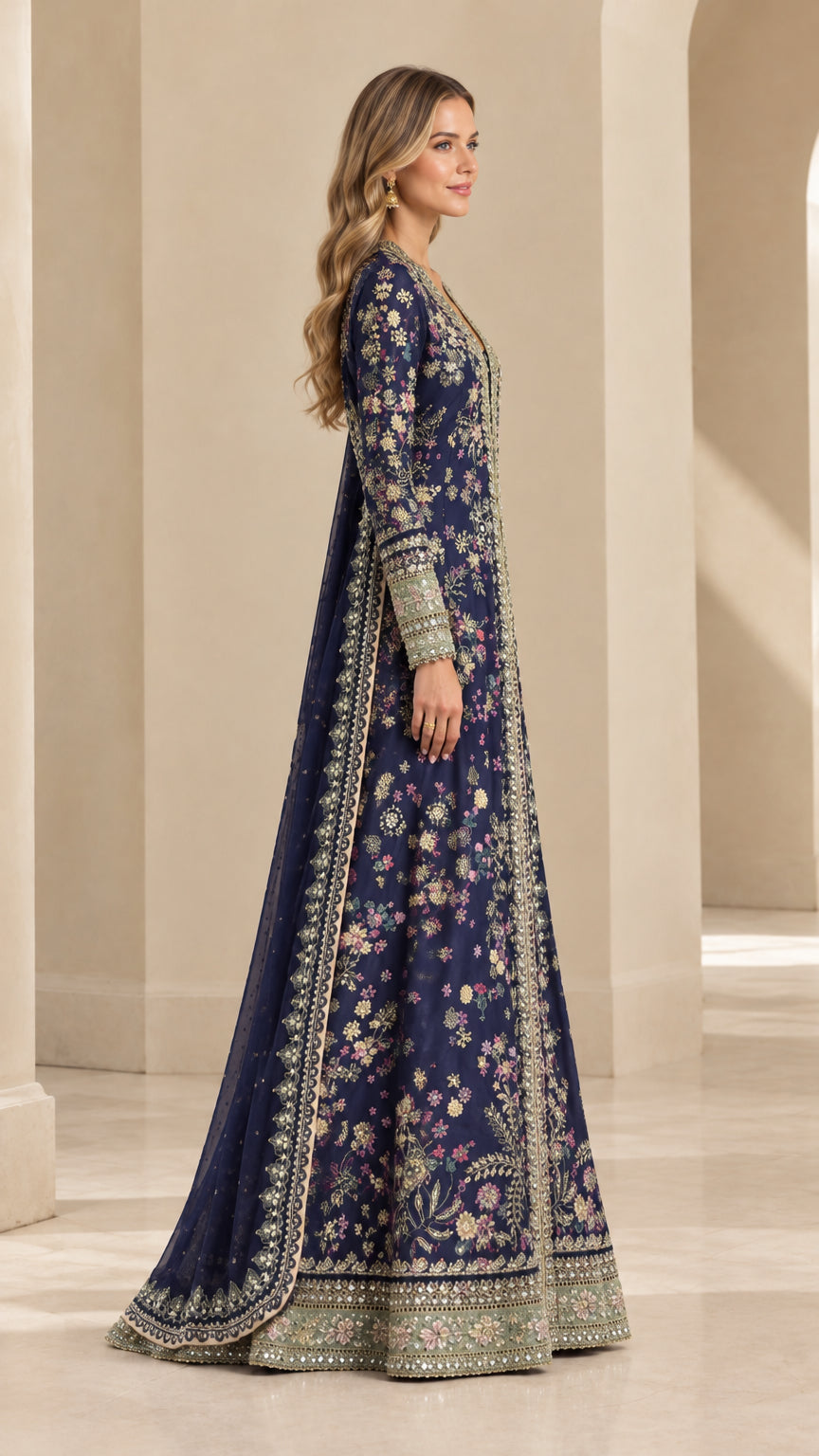Side profile view of navy blue floral embroidered evening gown set