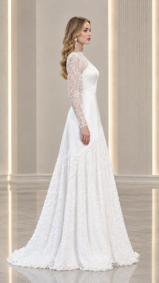 Side profile view of white long sleeve formal gown with lace train