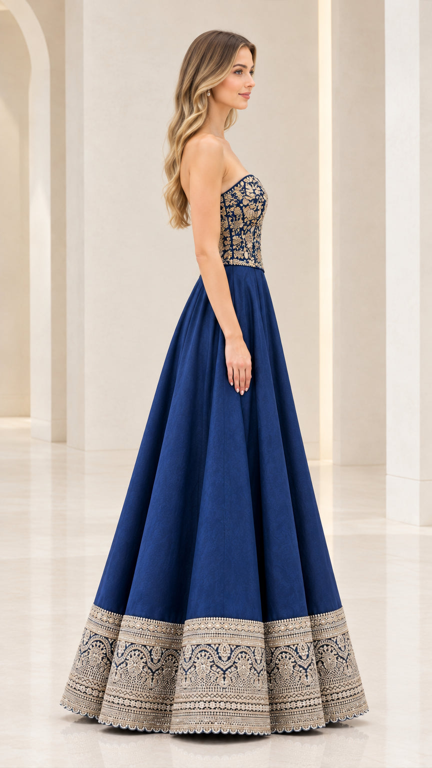 Side profile of royal blue strapless embroidered A-line ball gown