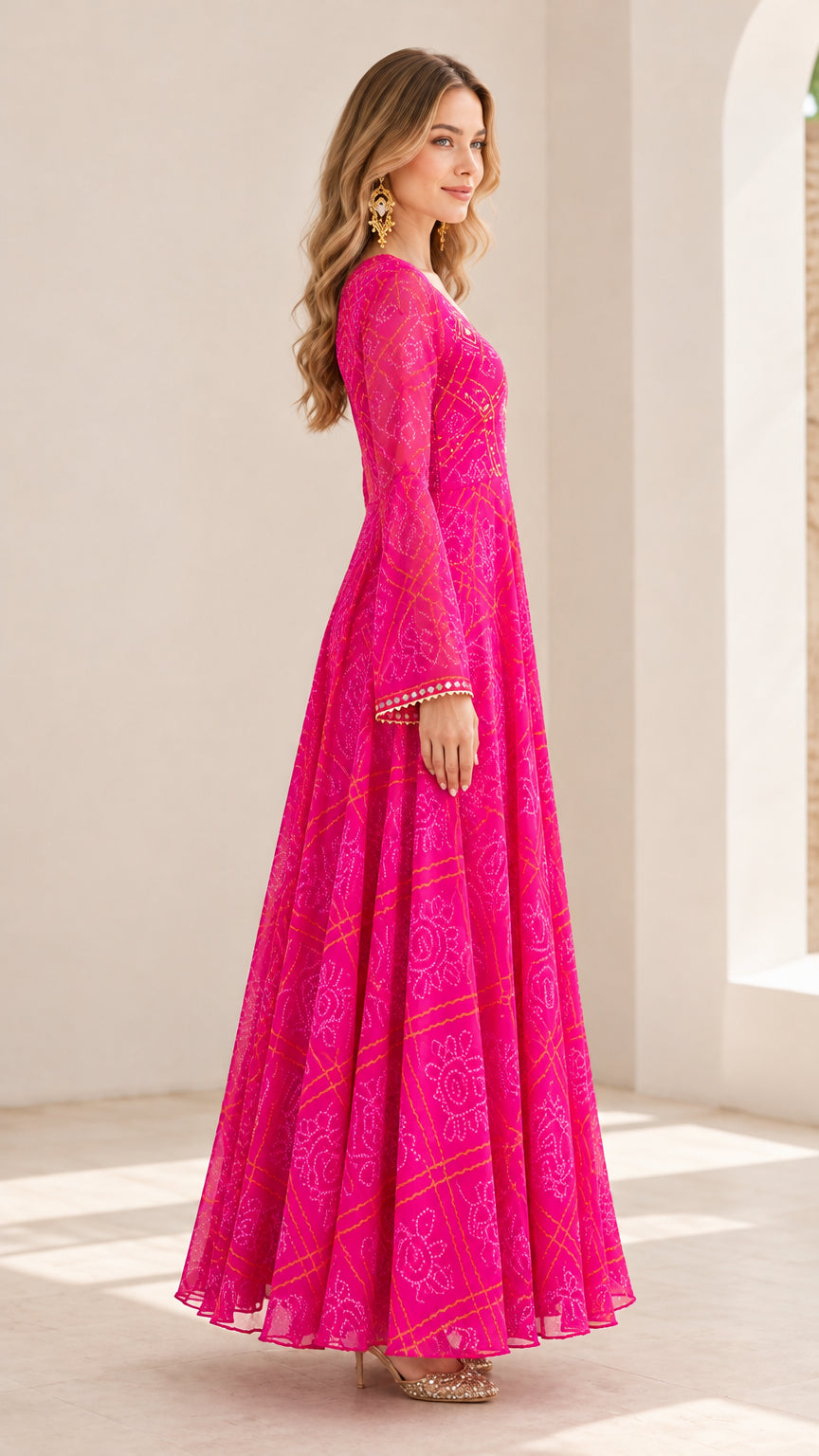 Side profile view of hot pink printed flared maxi dress