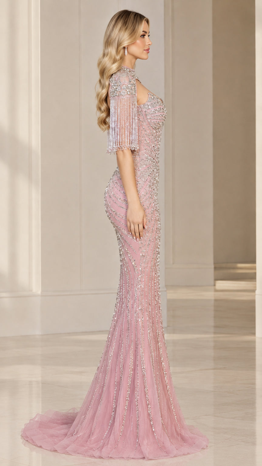Side profile view of dusty pink embellished mermaid formal dress
