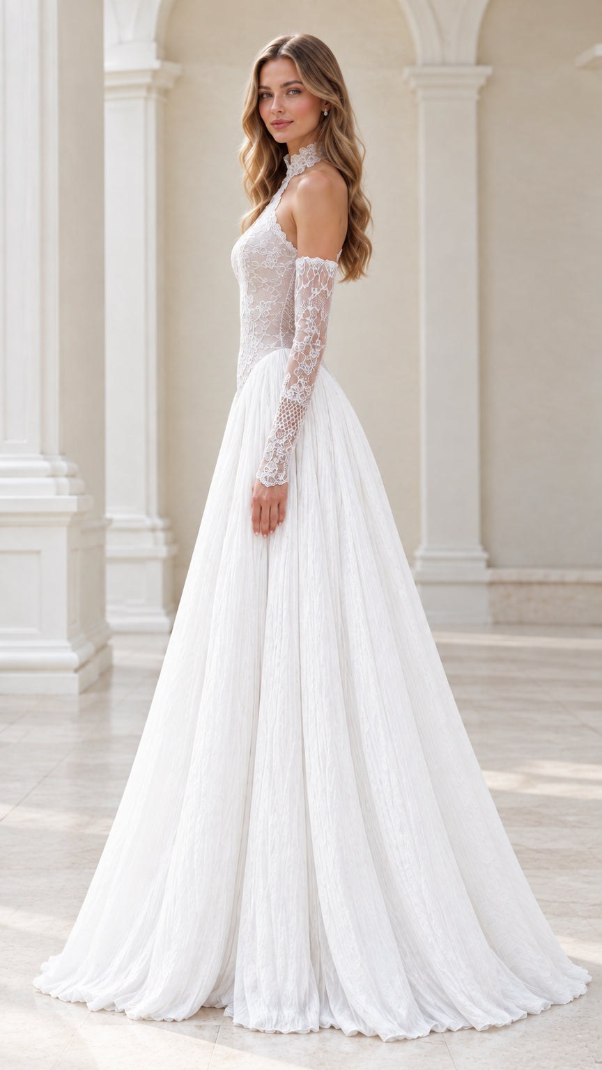 White lace halter evening gown side profile view