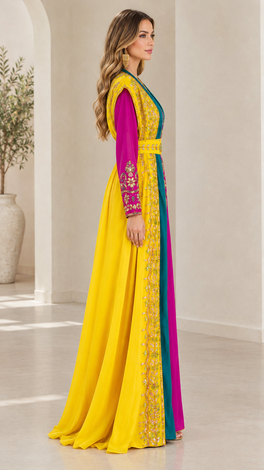 Side profile of yellow caftan dress highlighting flowing drape and sleeve embroidery