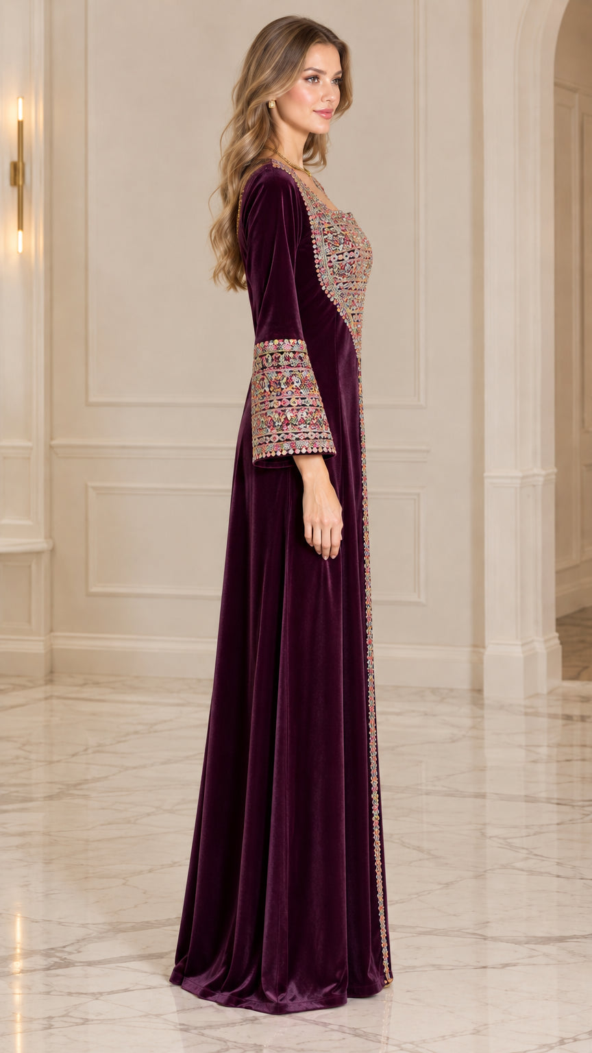 Side profile view of Deep Plum embroidered velvet maxi dress showing sleeve detail