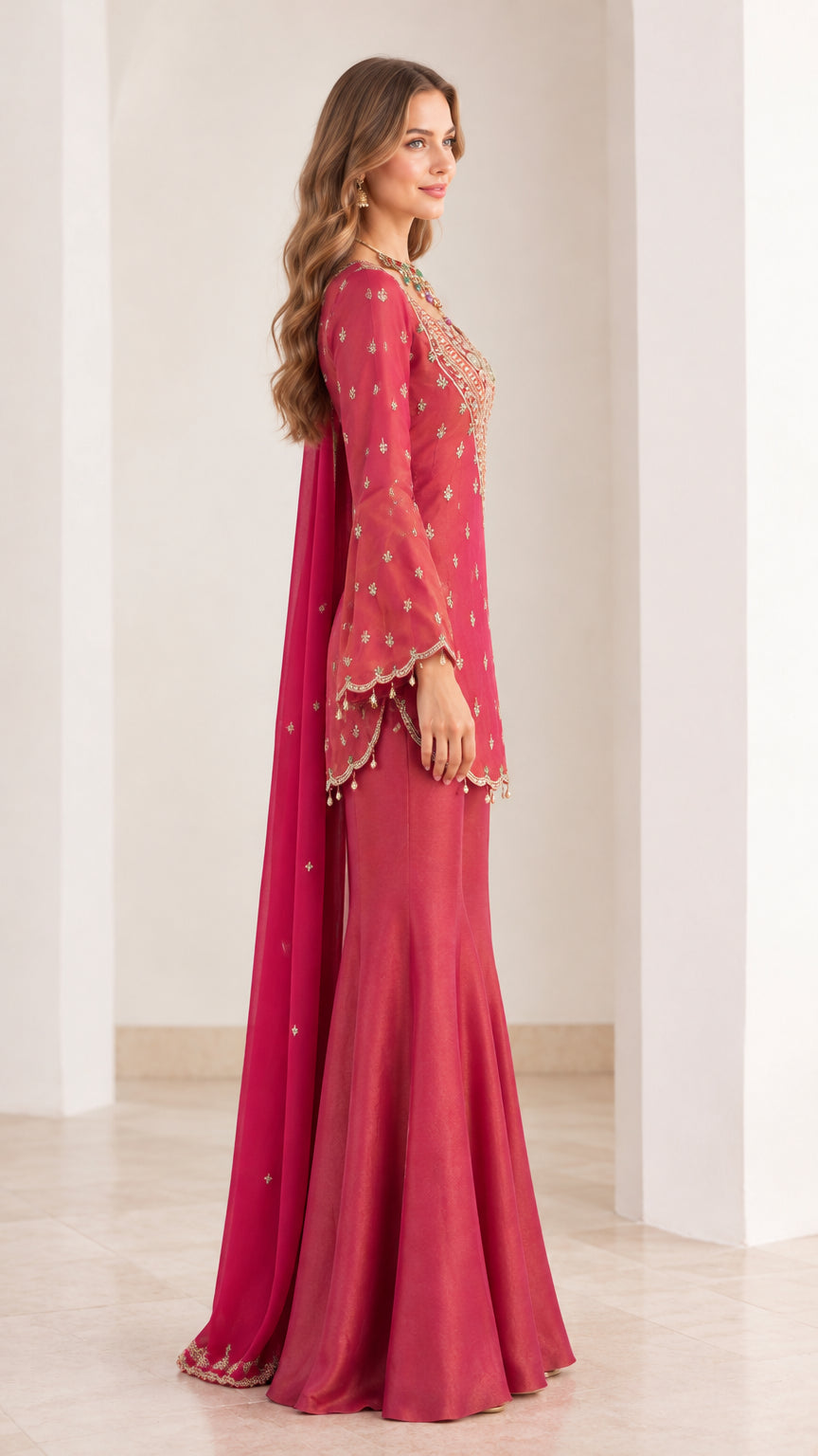Side profile view of Berry Pink festive sharara set showing sleeve drape and silhouette