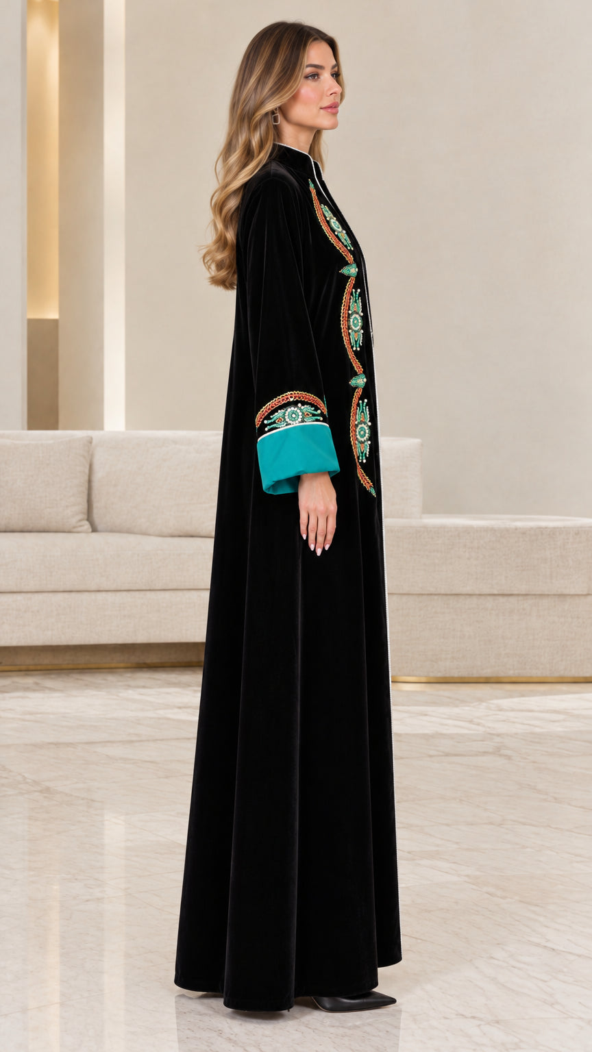 Side angle of model wearing black velvet open front abaya robe