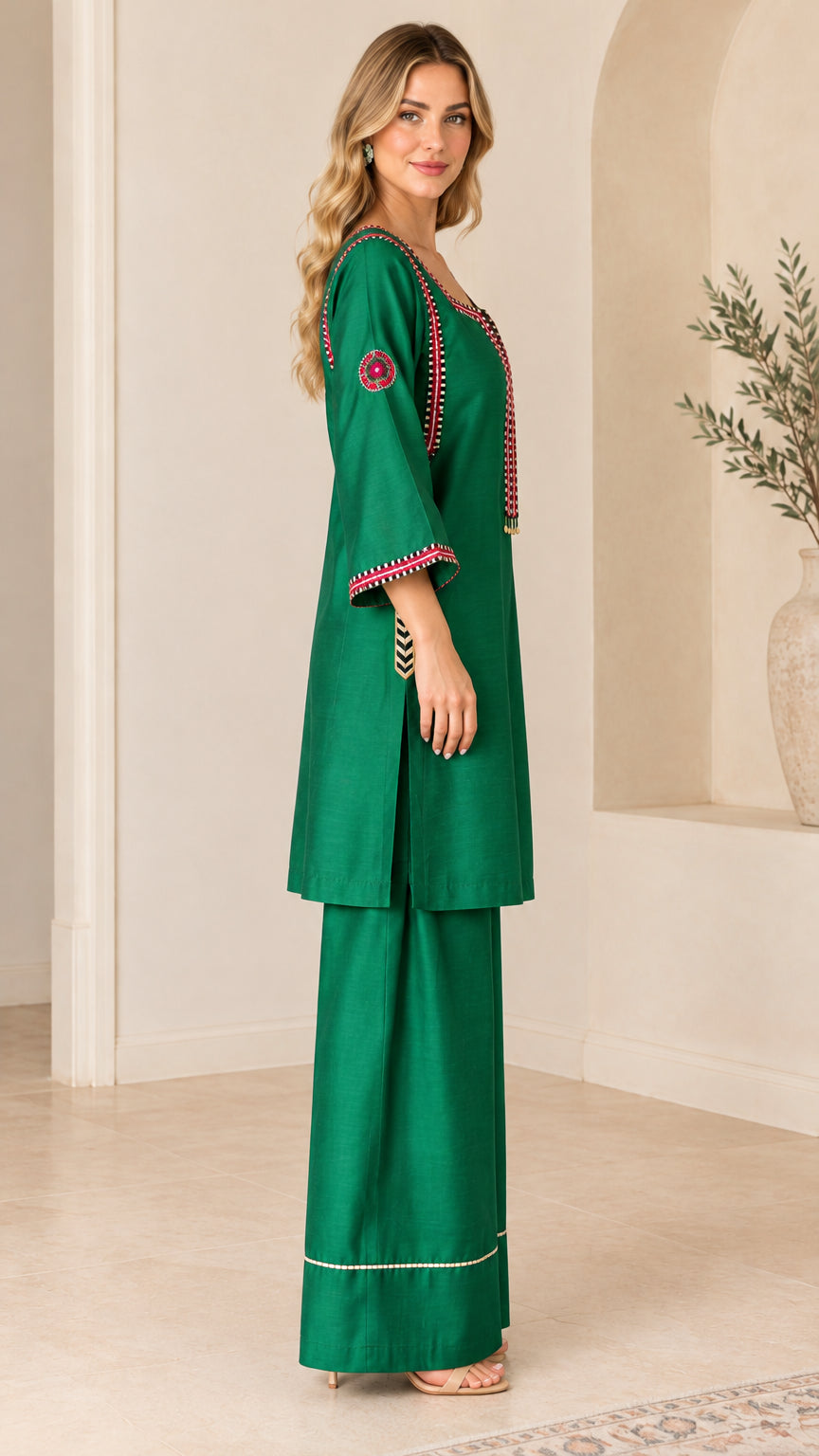 Side profile view of model wearing Emerald Green tunic and wide-leg trousers set