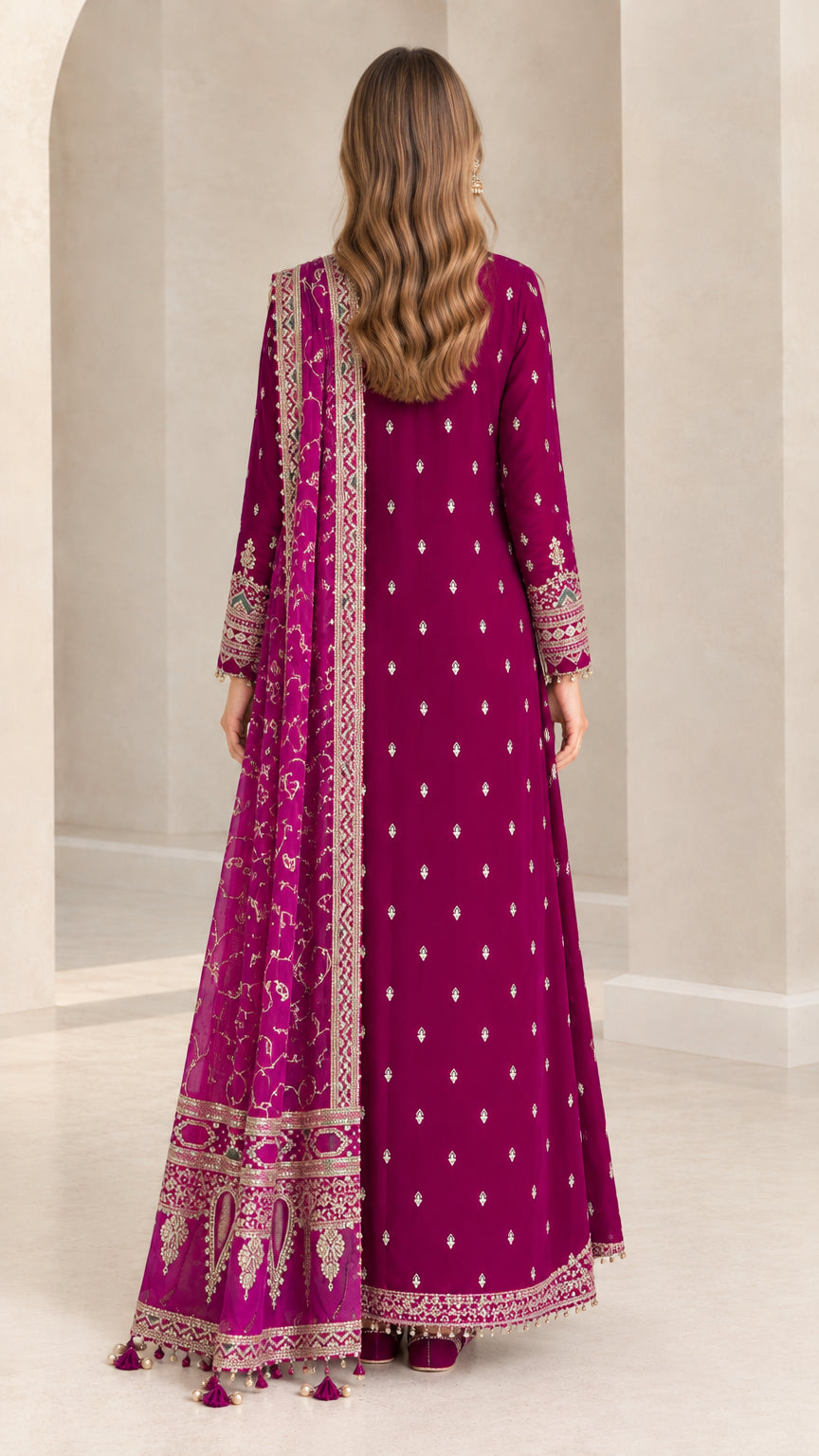 Back view of magenta embroidered Anarkali dress showcasing all-over motif detailing