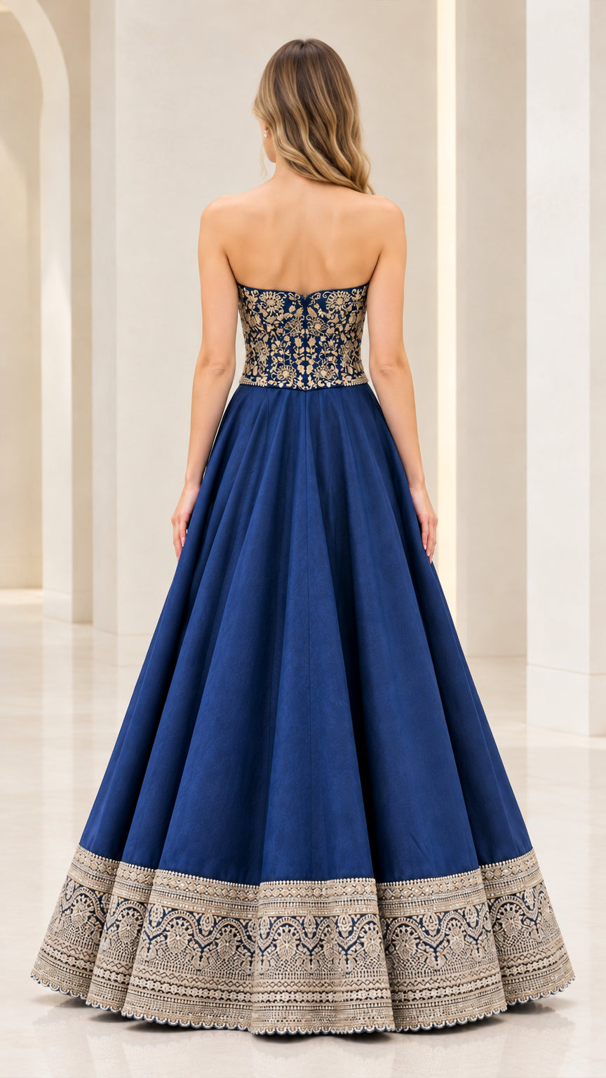 Back view of royal blue formal gown with concealed zipper and embroidered bodice