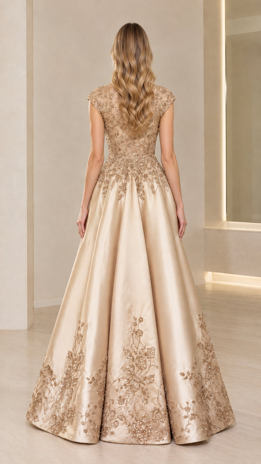 Back view of Champagne Gold satin formal gown with illusion back