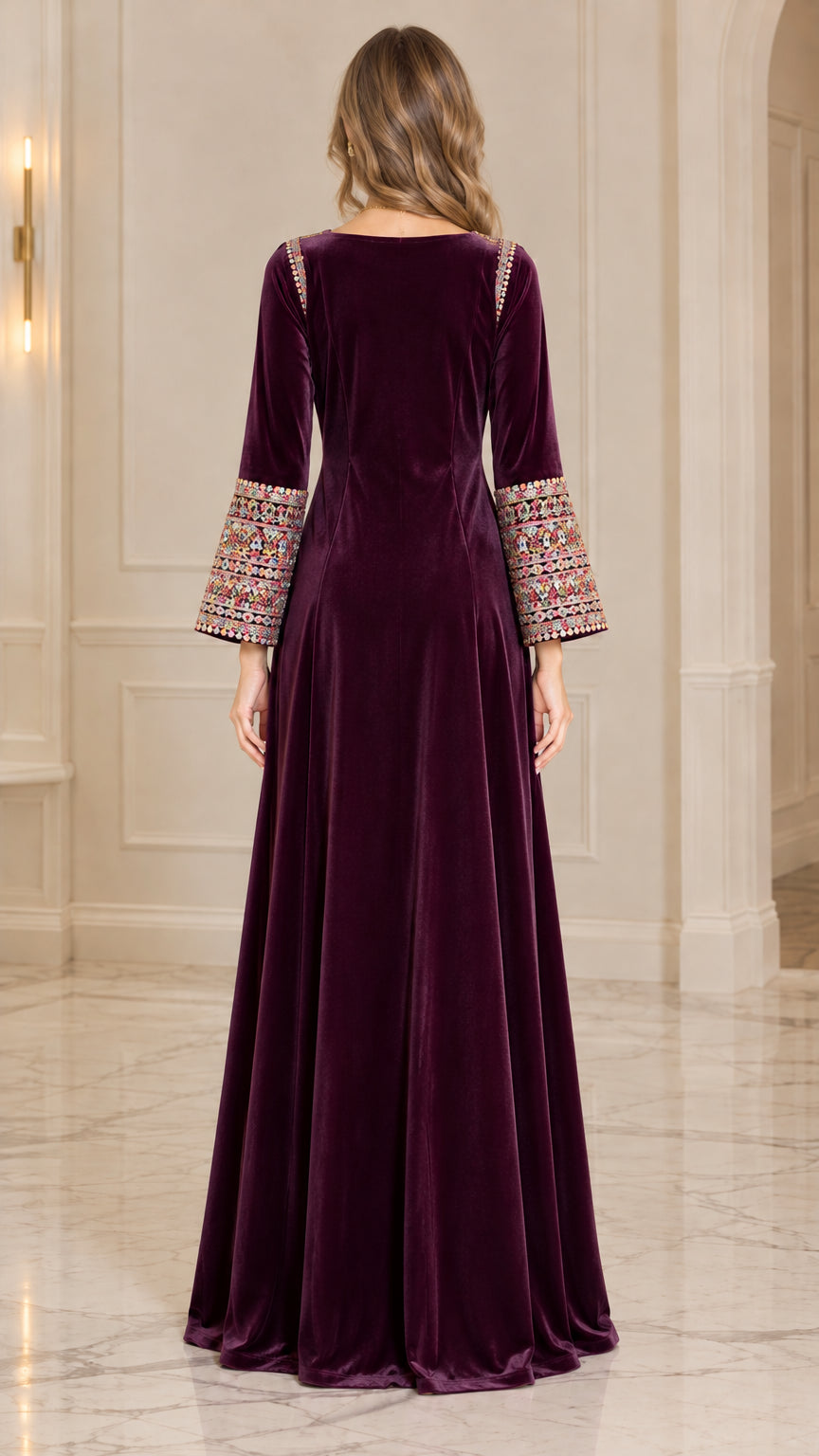 Back view of Deep Plum floor-length velvet maxi dress