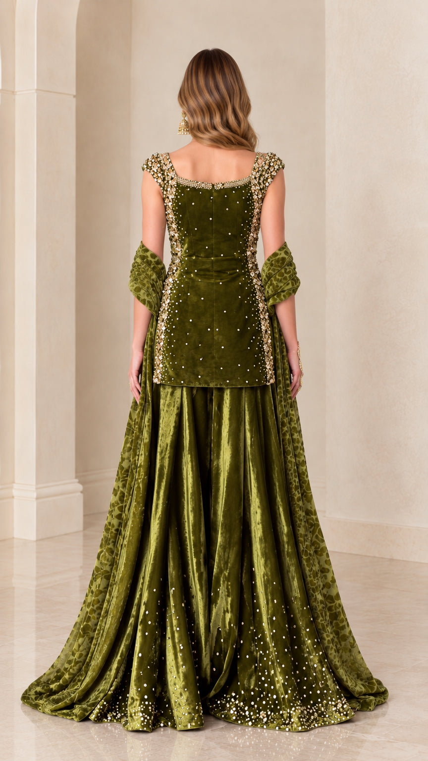 Back view of woman in sleeveless olive green embellished velvet tunic and flared skirt