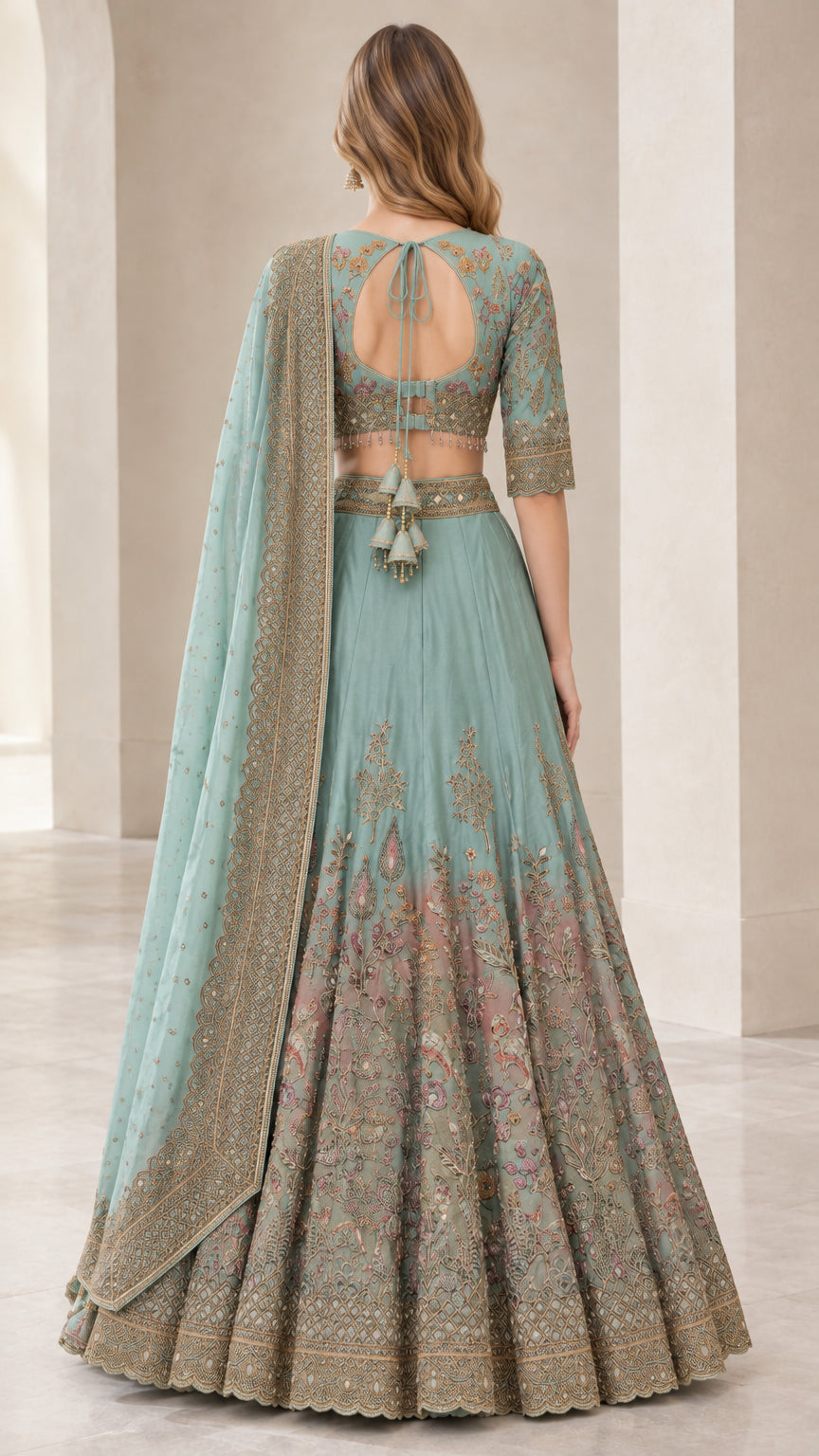 Back view of sage green lehenga choli set showing keyhole cutout and tie detail