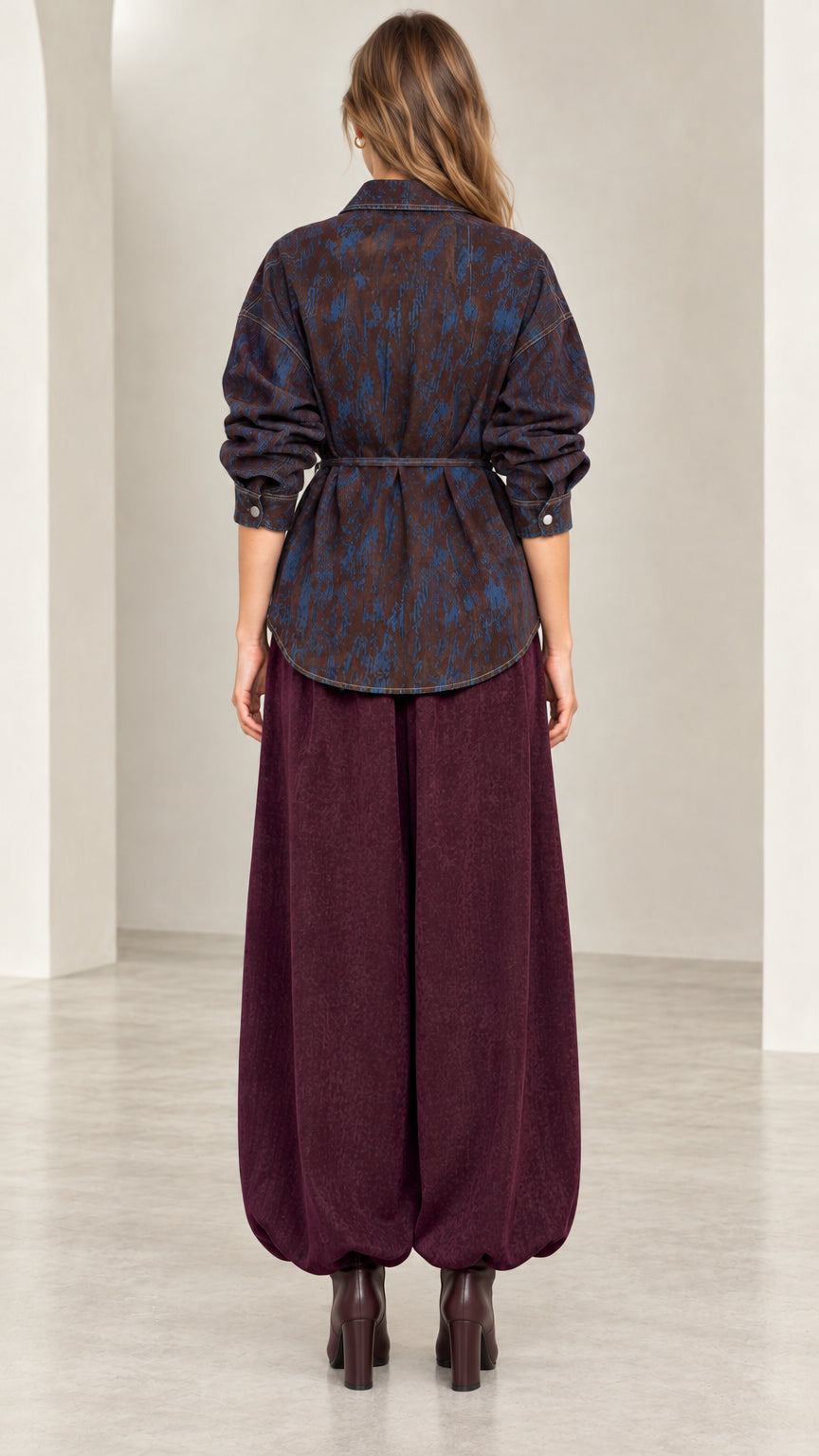 Back view of model wearing Coffee Blue long sleeve tie-waist shirt jacket