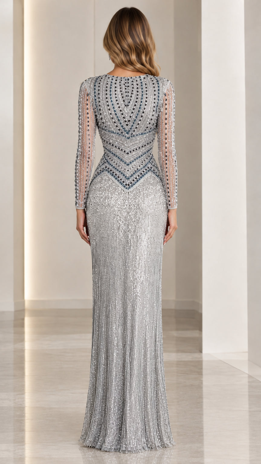 Back view of model in silver sequined gown showing back neckline and sleeve details