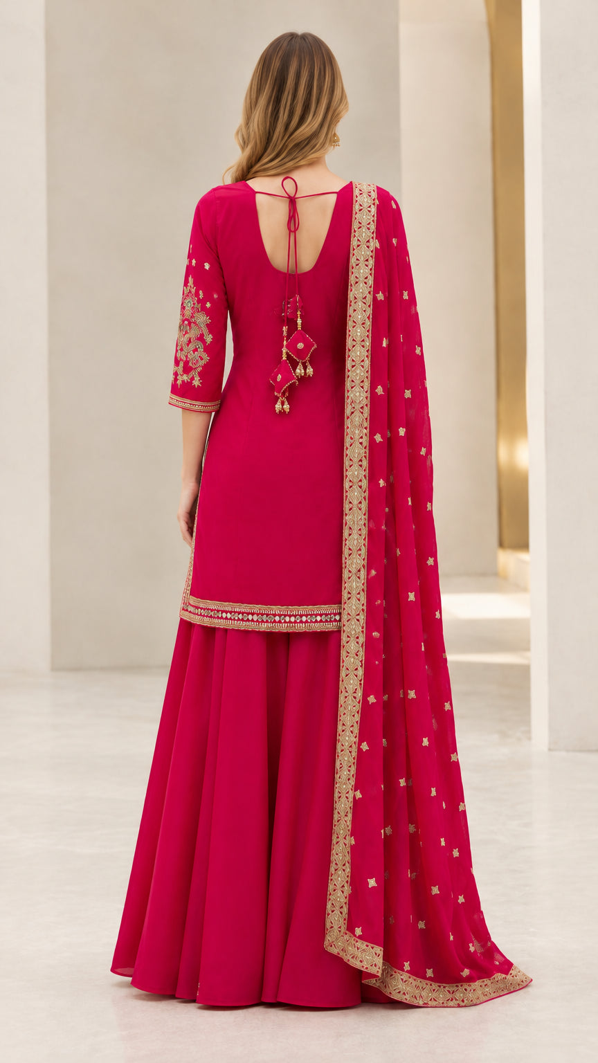 Back view of fuchsia sharara suit showing back neckline tie detail with tassels