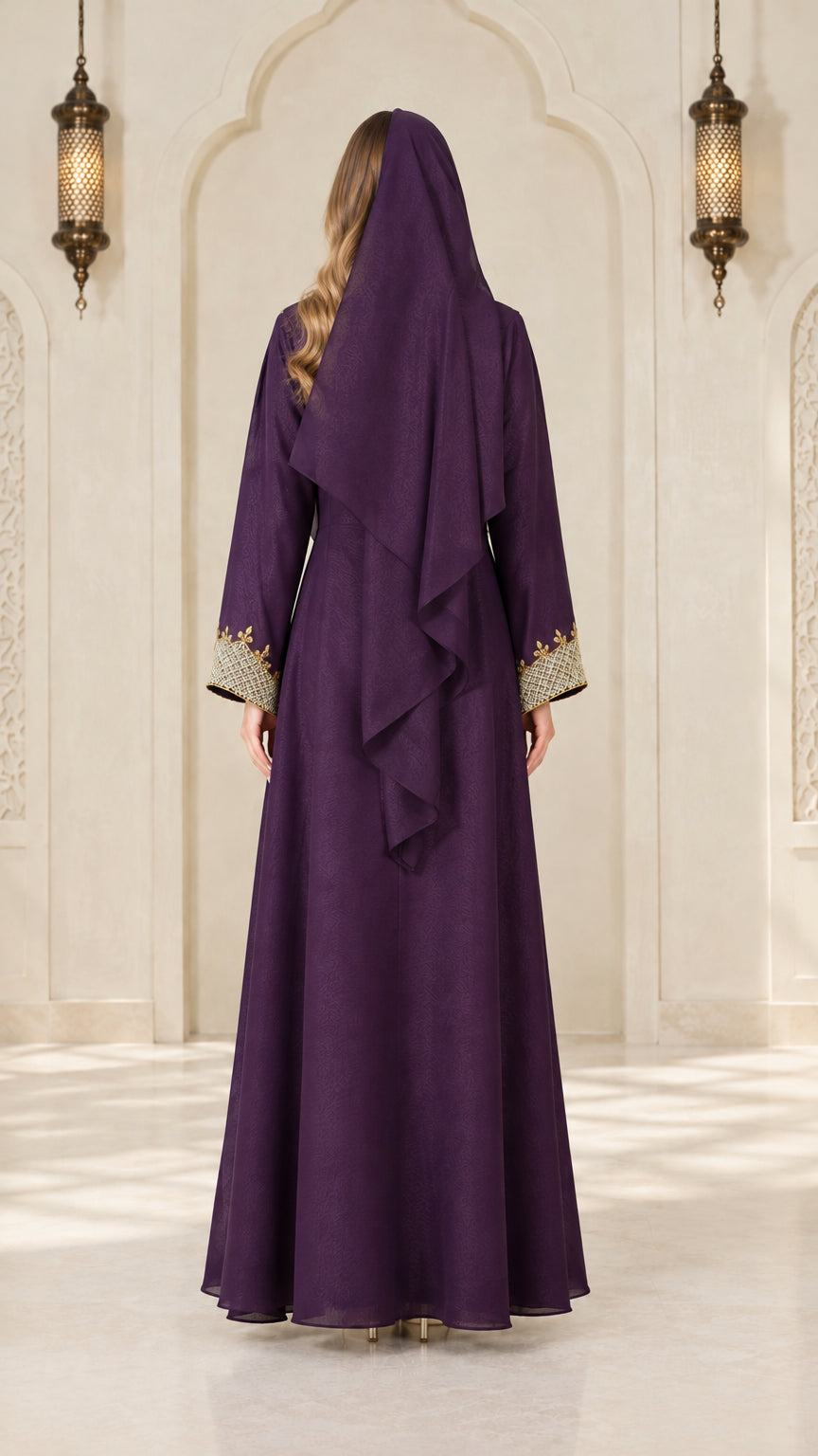 Back view of royal purple full-length abaya dress with draped matching scarf