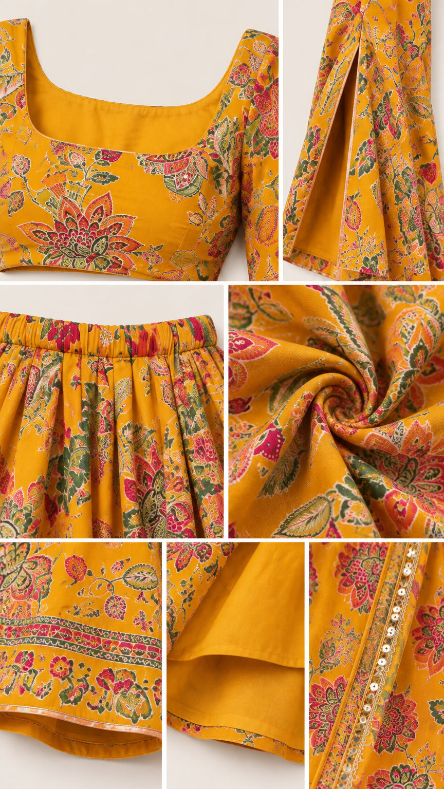 Detailed close-up collage of neckline, slit sleeve, waistband, lining, and floral printed hem