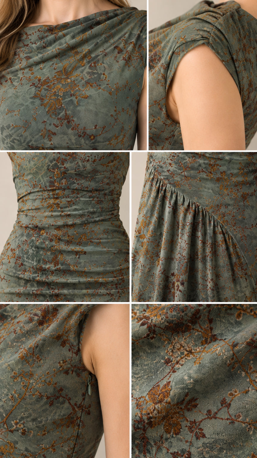 Close-up details of draped neckline, ruched waist, side zipper, and textured fabric